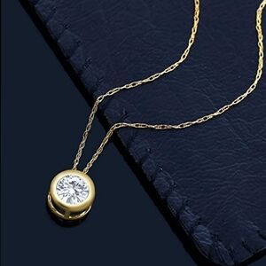 CERTIFIED 14k Yellow Gold .08 Diamond Bezel Solitaire Necklace Moissanite